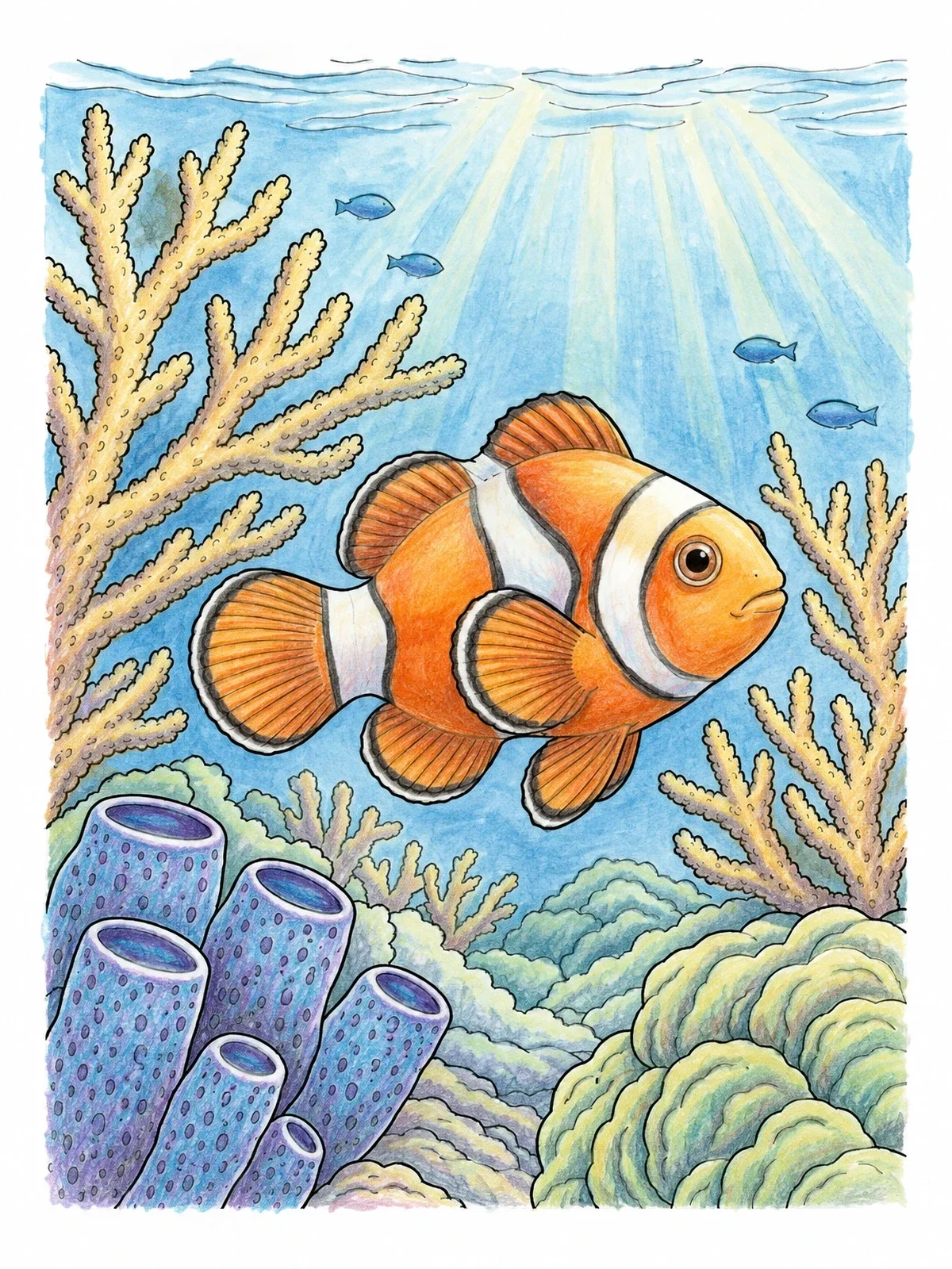 Colored example of the Clownfish Swimming Over Coral Reef coloring page