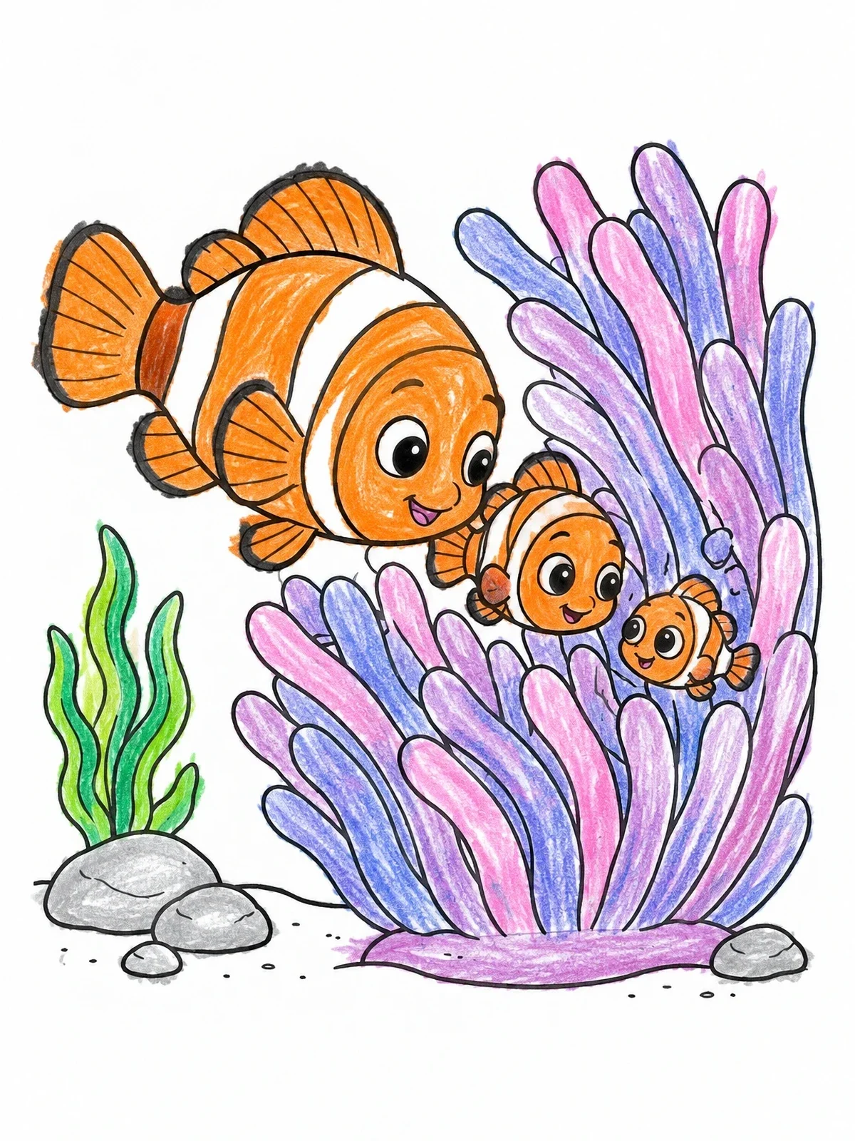 Colored example of the Clownfish Family In Sea Anemone coloring page