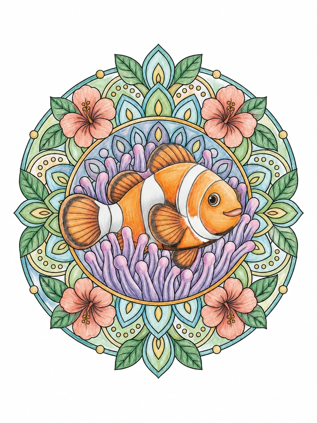 Colored example of the Clownfish Floral Mandala coloring page