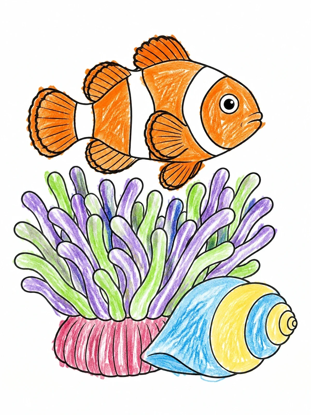 Colored example of the Clownfish Over Sea Anemone And Shell coloring page
