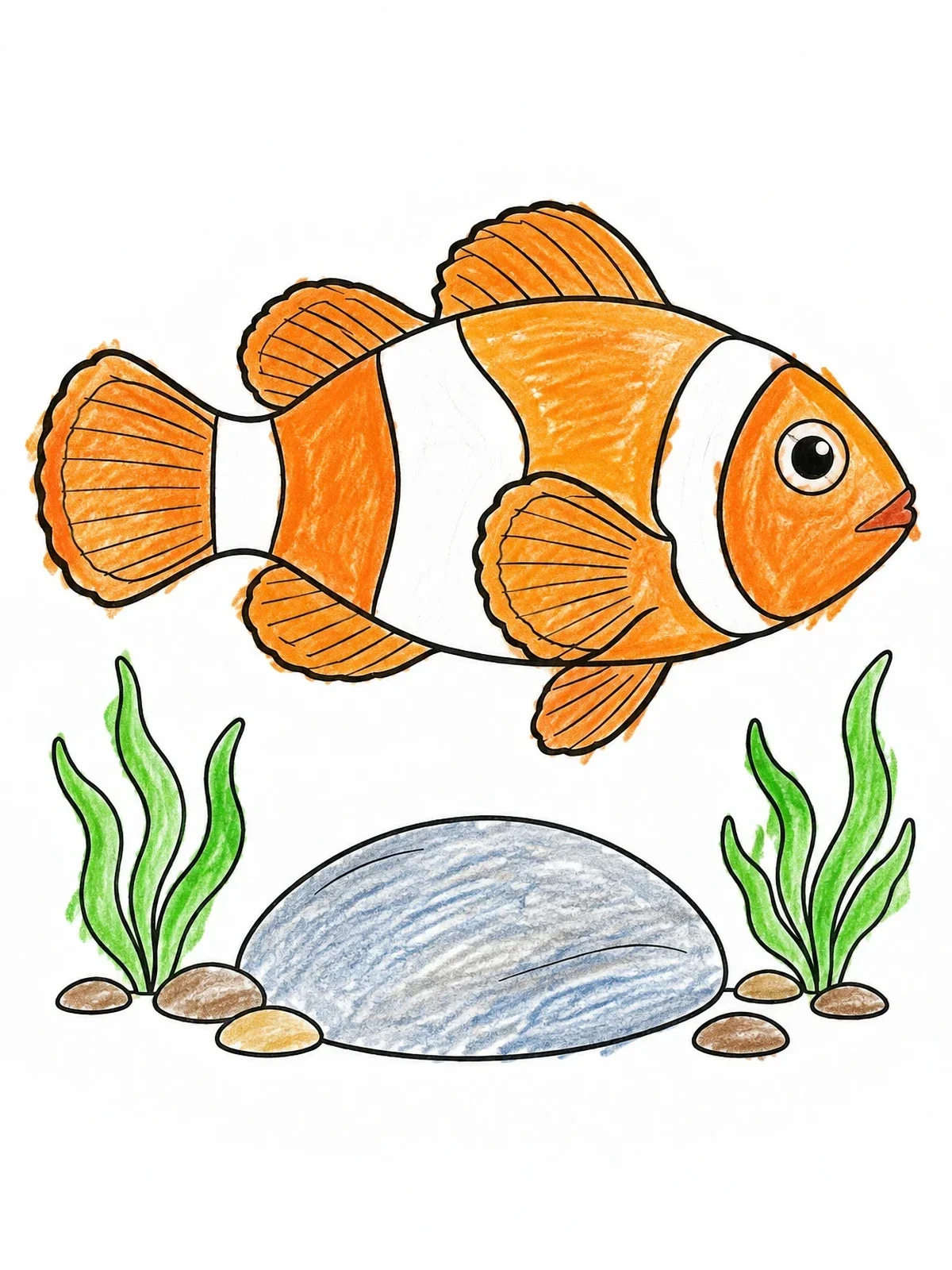 Colored example of the Clownfish Swimming Above Seabed Pebble coloring page