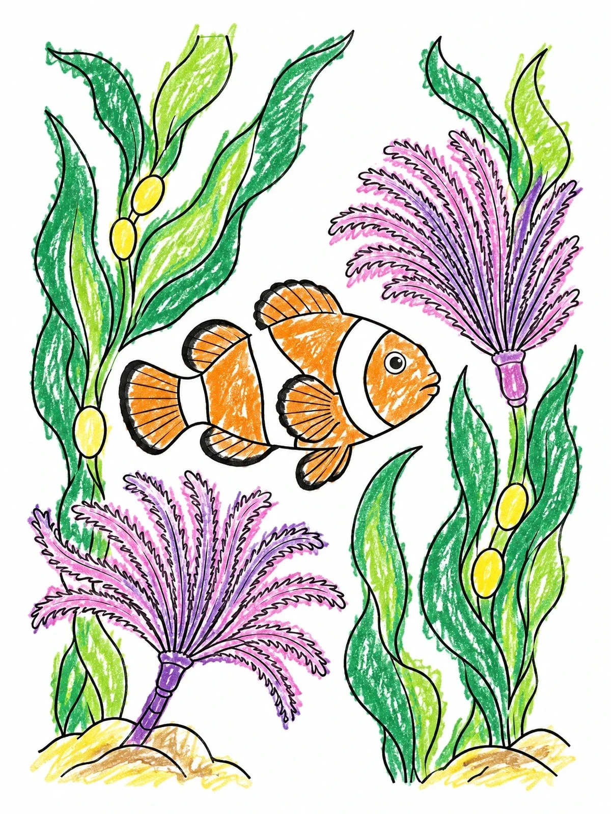 Colored example of the Clownfish Swimming Among Sea Plants coloring page
