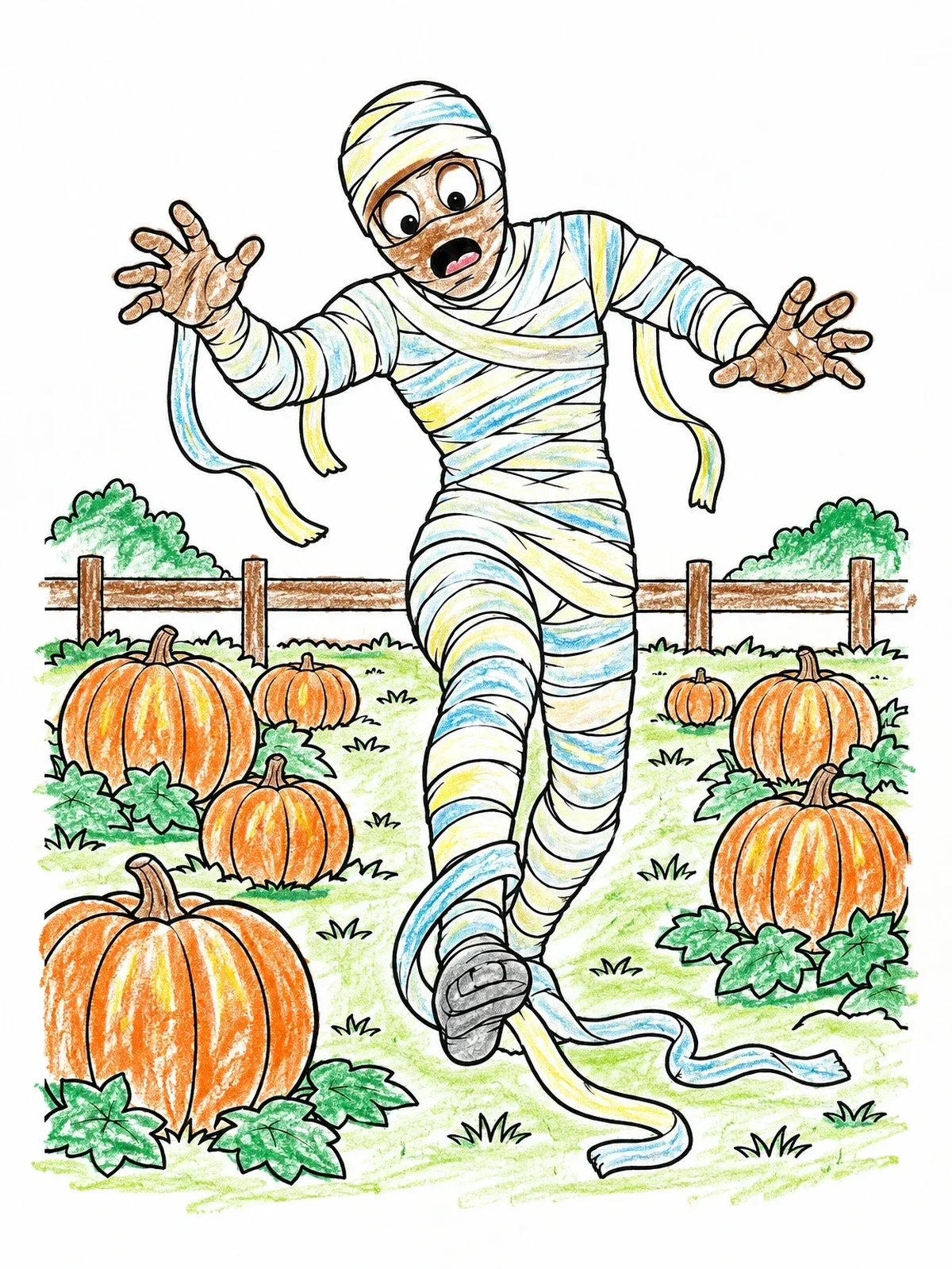 Colored example of the Clumsy Mummy In The Pumpkin Patch coloring page