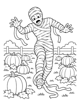 A clumsy mummy coloring page showing the wrapped character tripping over bandages in a pumpkin patch.