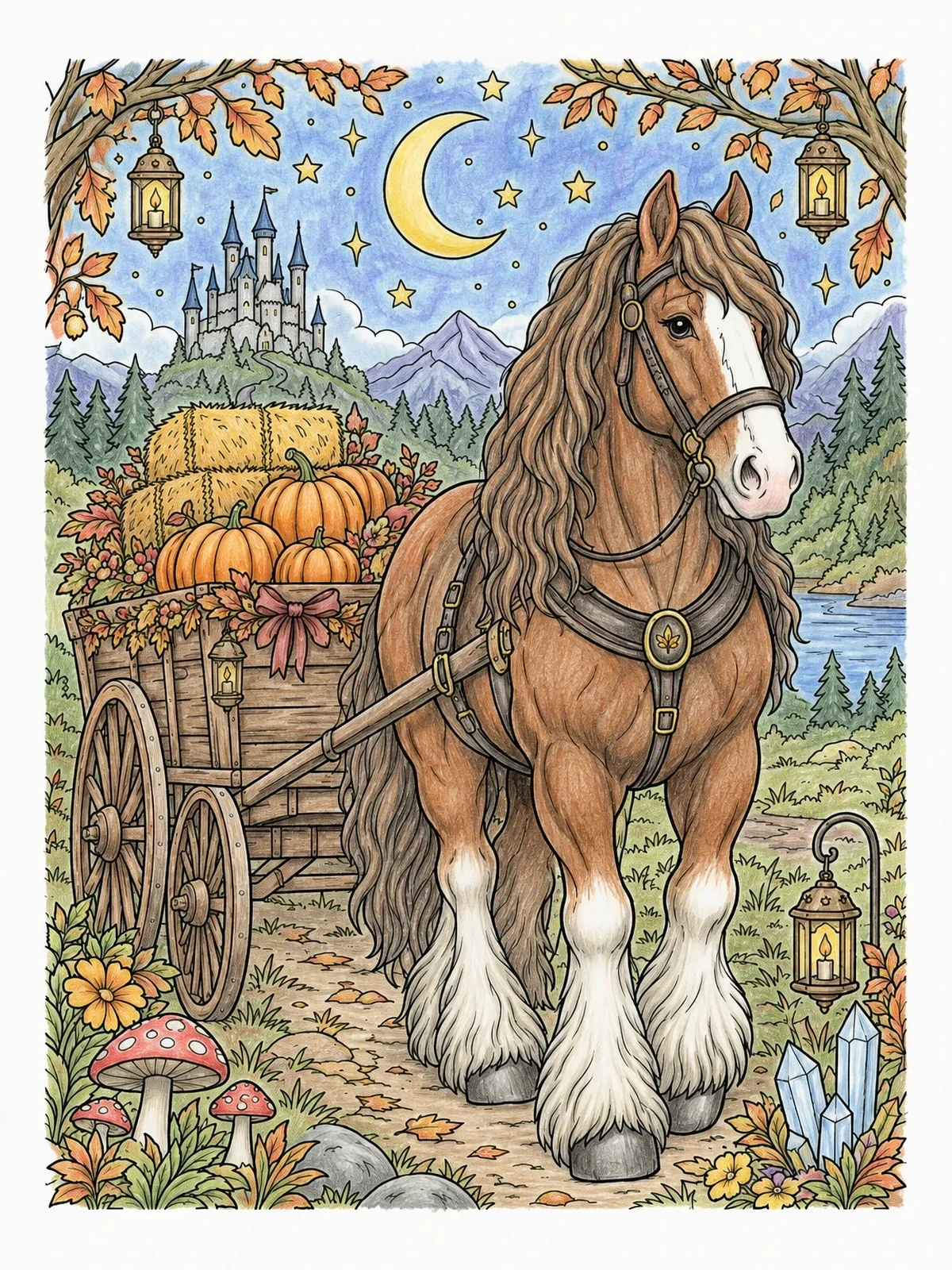 Colored example of the Clydesdale Horse With Autumn Harvest Wagon coloring page