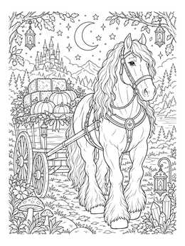 A detailed clydesdale coloring page featuring a draft horse pulling a wagon filled with pumpkins and hay.