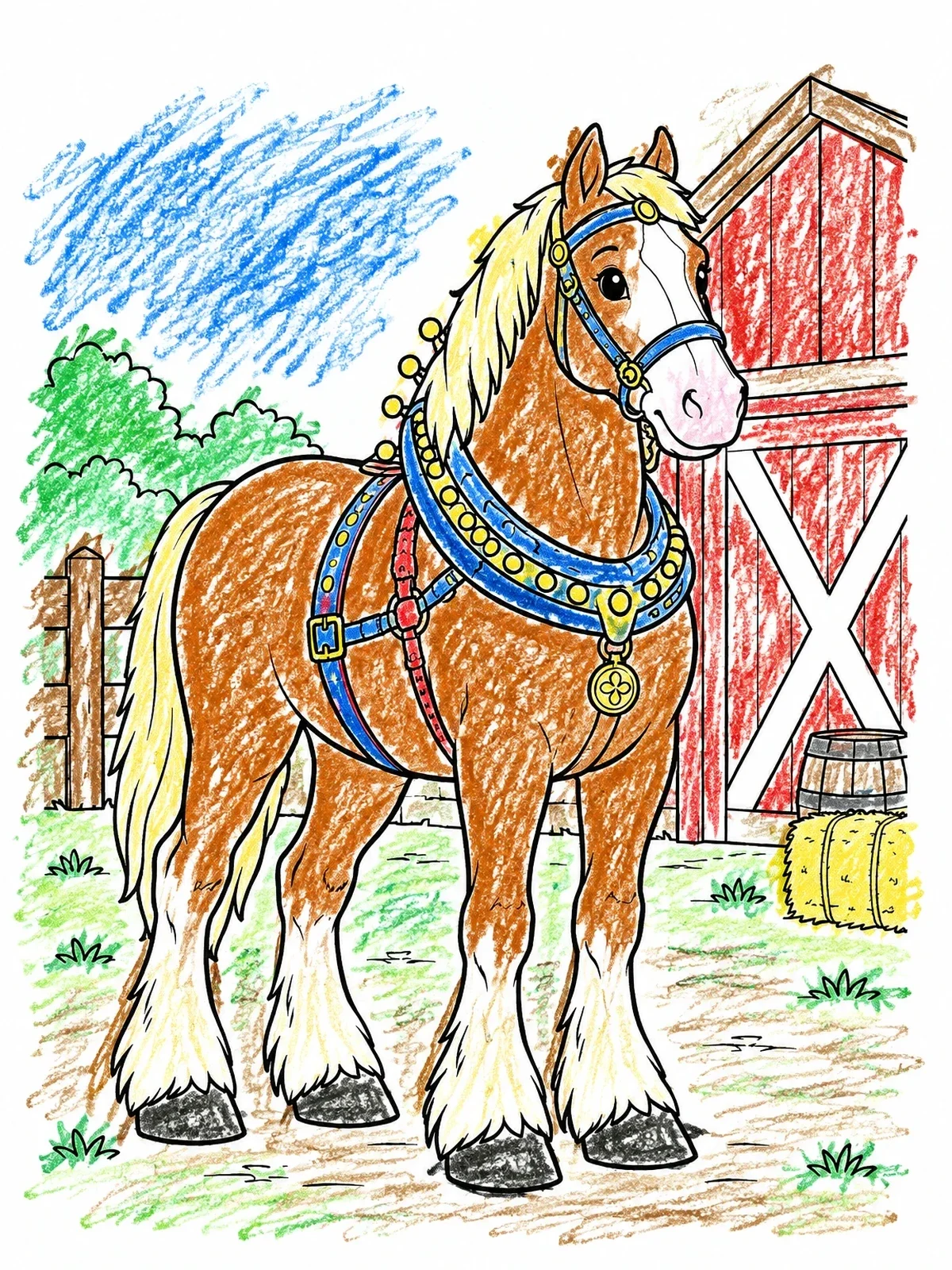 Colored example of the Clydesdale Horse By The Barn coloring page