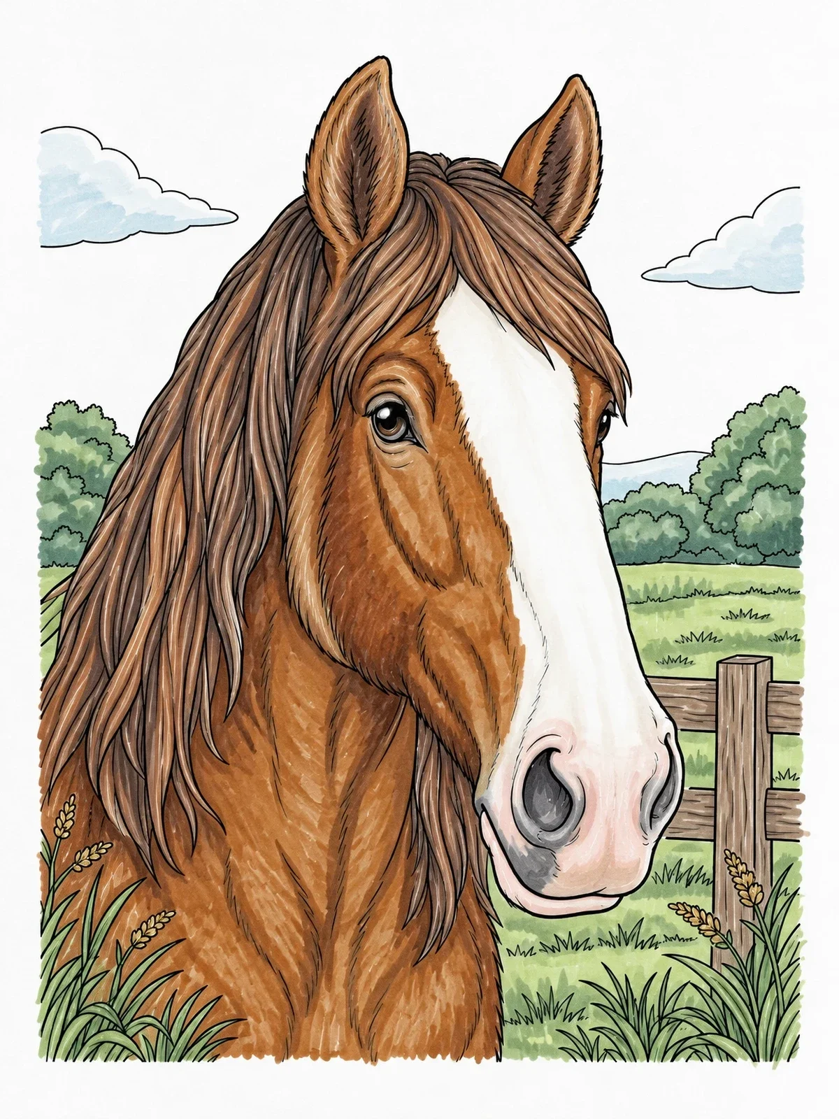 Colored example of the Clydesdale Horse Head Portrait coloring page