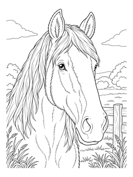 A detailed clydesdale coloring page showing a gentle draft horse portrait beside a pasture fence.