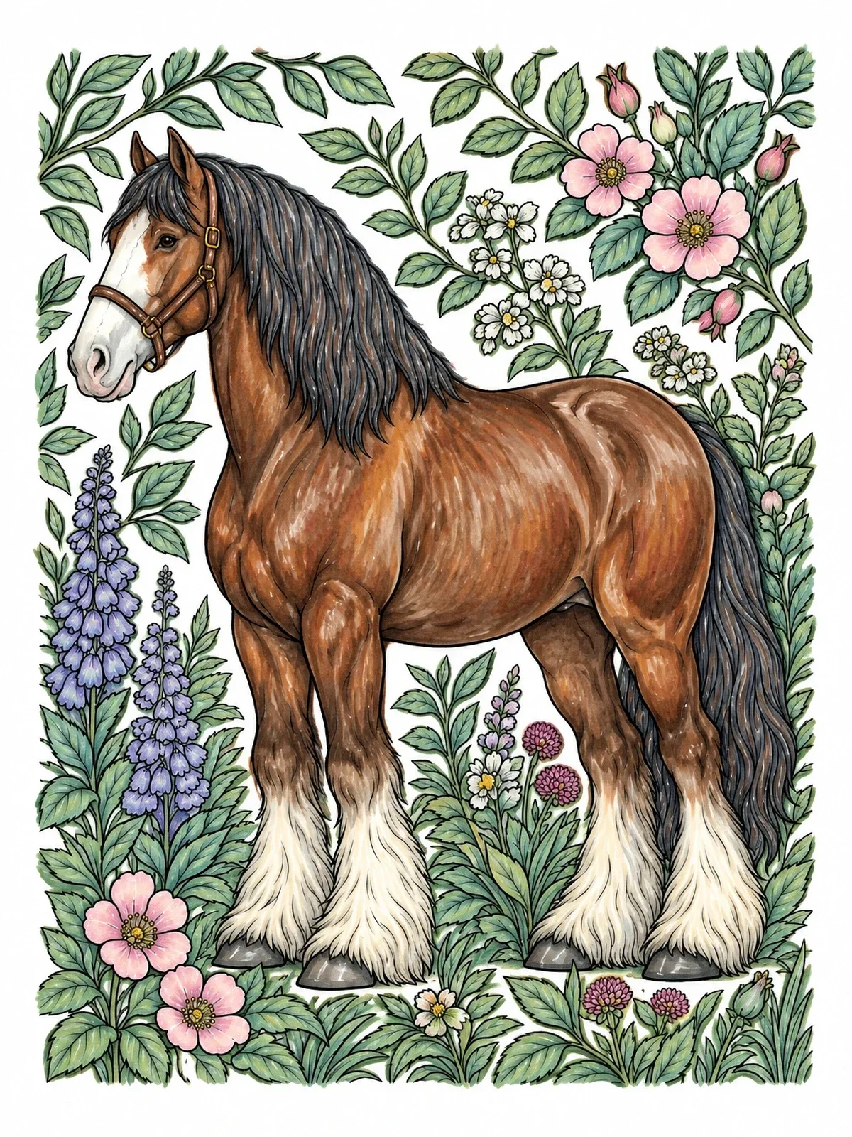 Colored example of the Majestic Clydesdale Among Blooming Flowers coloring page