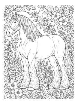 Detailed clydesdale coloring page featuring a draft horse standing in a lush garden.