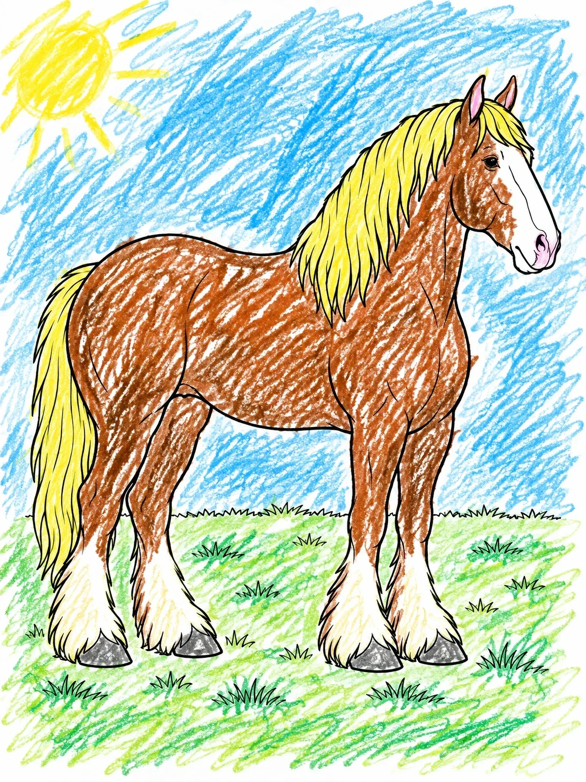 Colored example of the Clydesdale Horse In A Meadow coloring page
