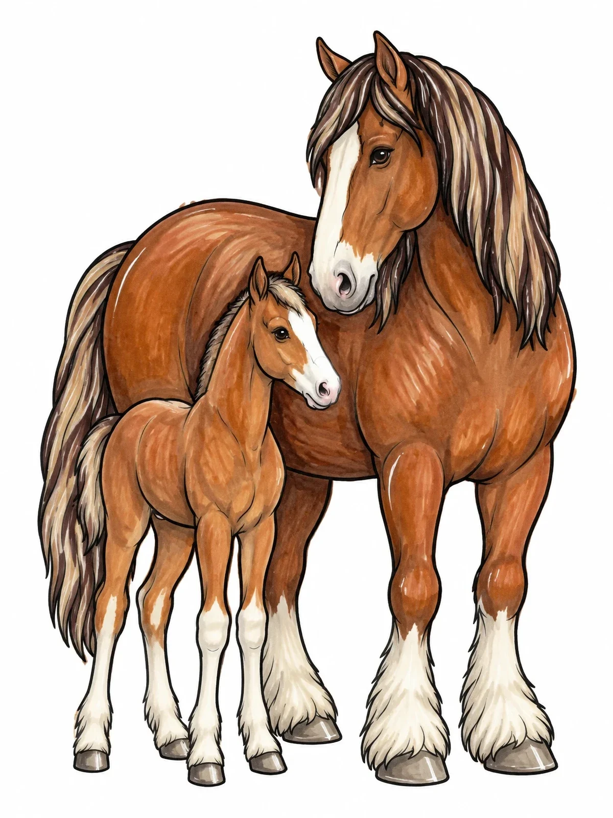 Colored example of the Clydesdale Mare And Her Foal coloring page