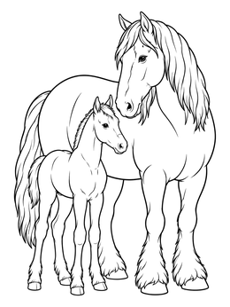 Free printable Clydesdale Mare And Her Foal coloring page