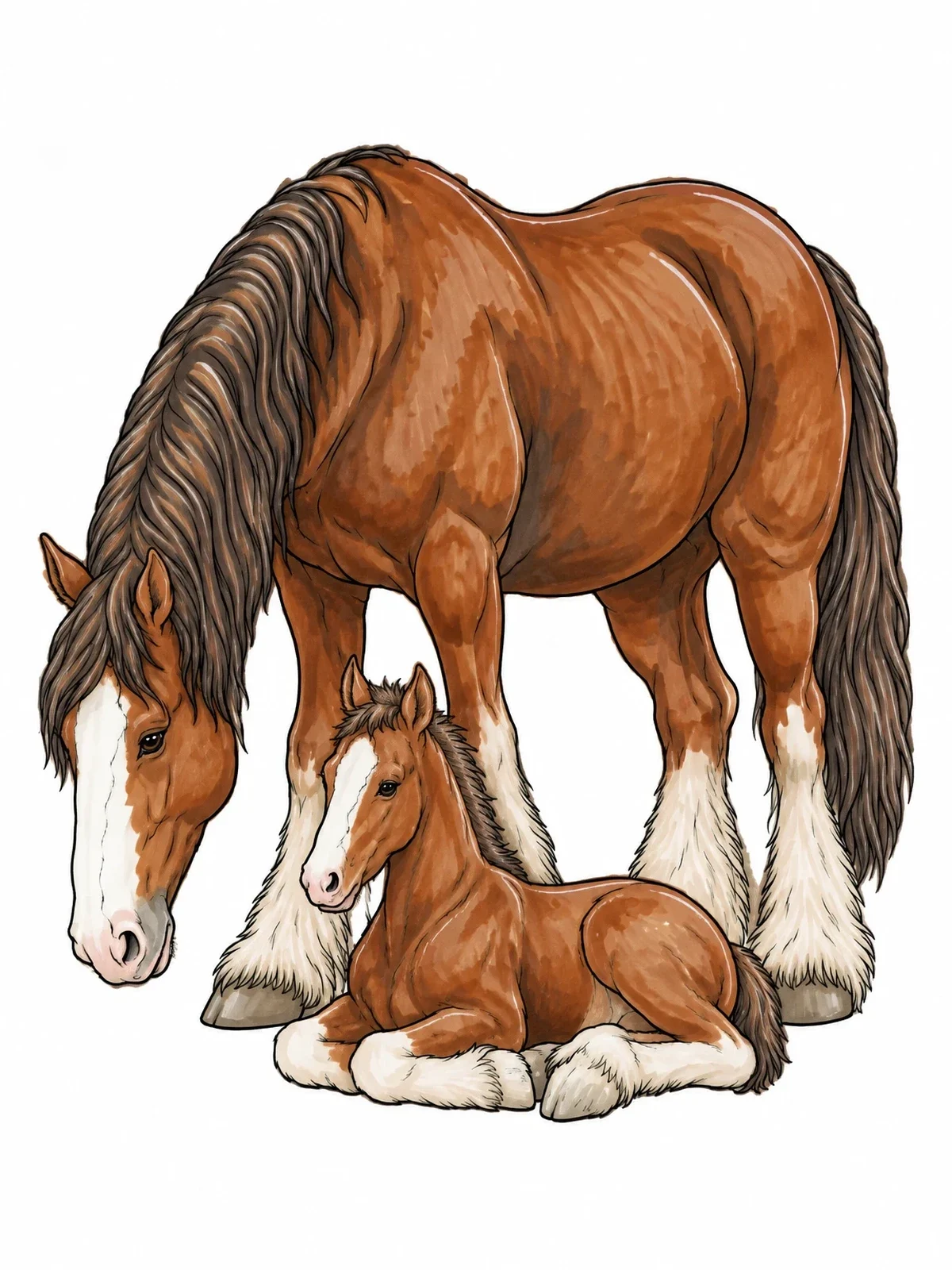 Colored example of the Clydesdale Mare With Resting Foal coloring page
