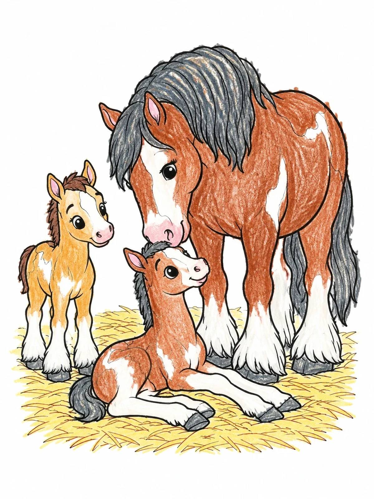 Colored example of the Mother Clydesdale With Little Foals coloring page