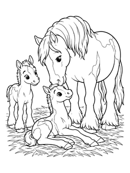 Free printable Mother Clydesdale With Little Foals coloring page