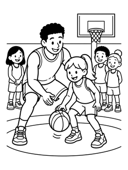 Free printable Coach Teaching Kids Basketball coloring page