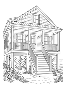 Detailed beach house coloring page showing an elevated wooden cottage with a porch and stairs.