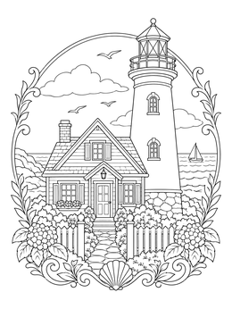 A seaside house coloring page showing a cottage beside a tall lighthouse.