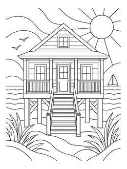 A sunny beach house coloring page with wooden stilts and ocean view.