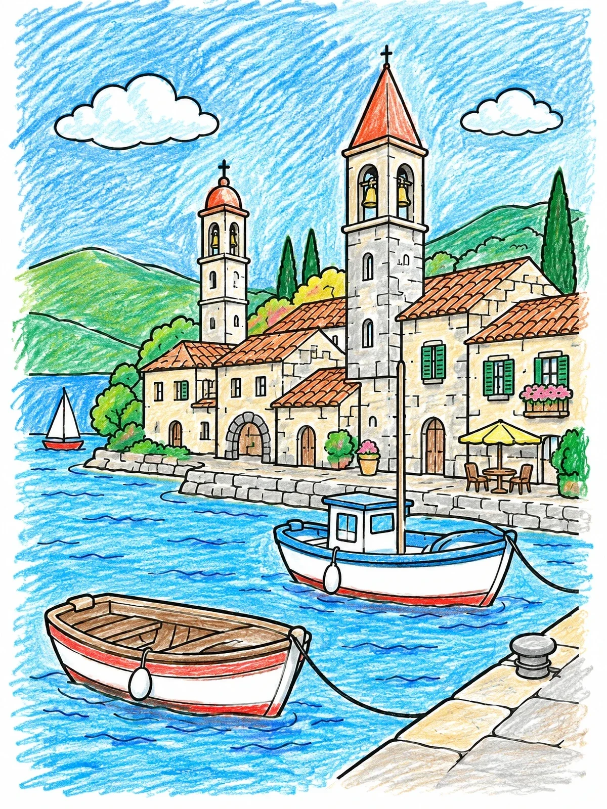 Colored example of the Coastal Croatian Harbor With Stone Bell Towers coloring page
