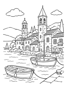 Free printable Coastal Croatian Harbor With Stone Bell Towers coloring page