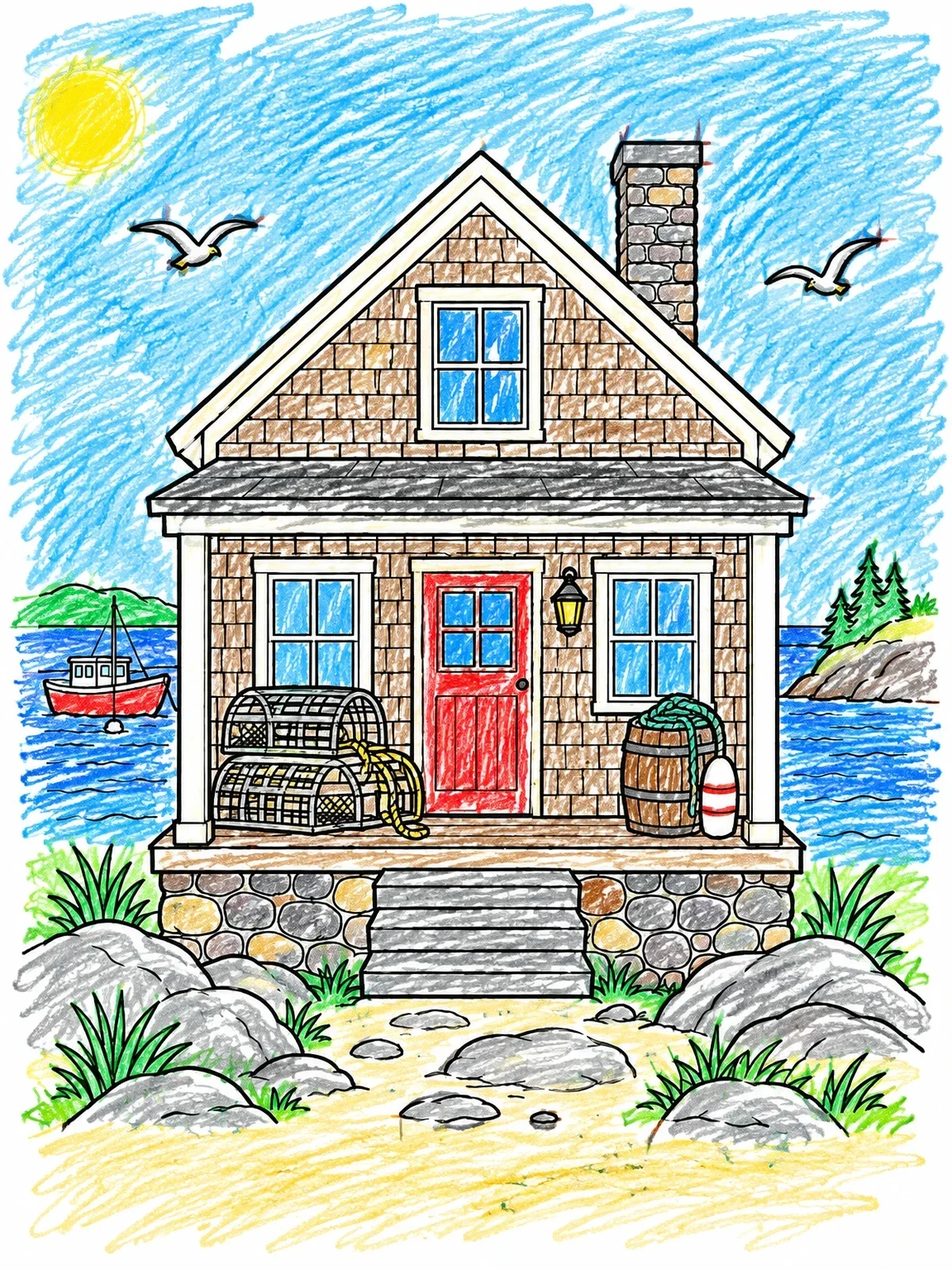 Colored example of the Coastal Fisherman Cottage By The Sea coloring page