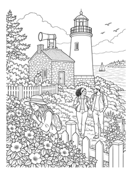 Visitors explore a scenic path on this lighthouse beach coloring page with roses.