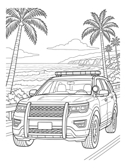 A coastal police coloring page showing an SUV driving near palm trees and ocean waves.