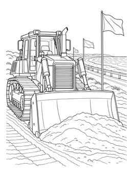A detailed bulldozer coloring page showing heavy machinery moving sand along a coastal road.