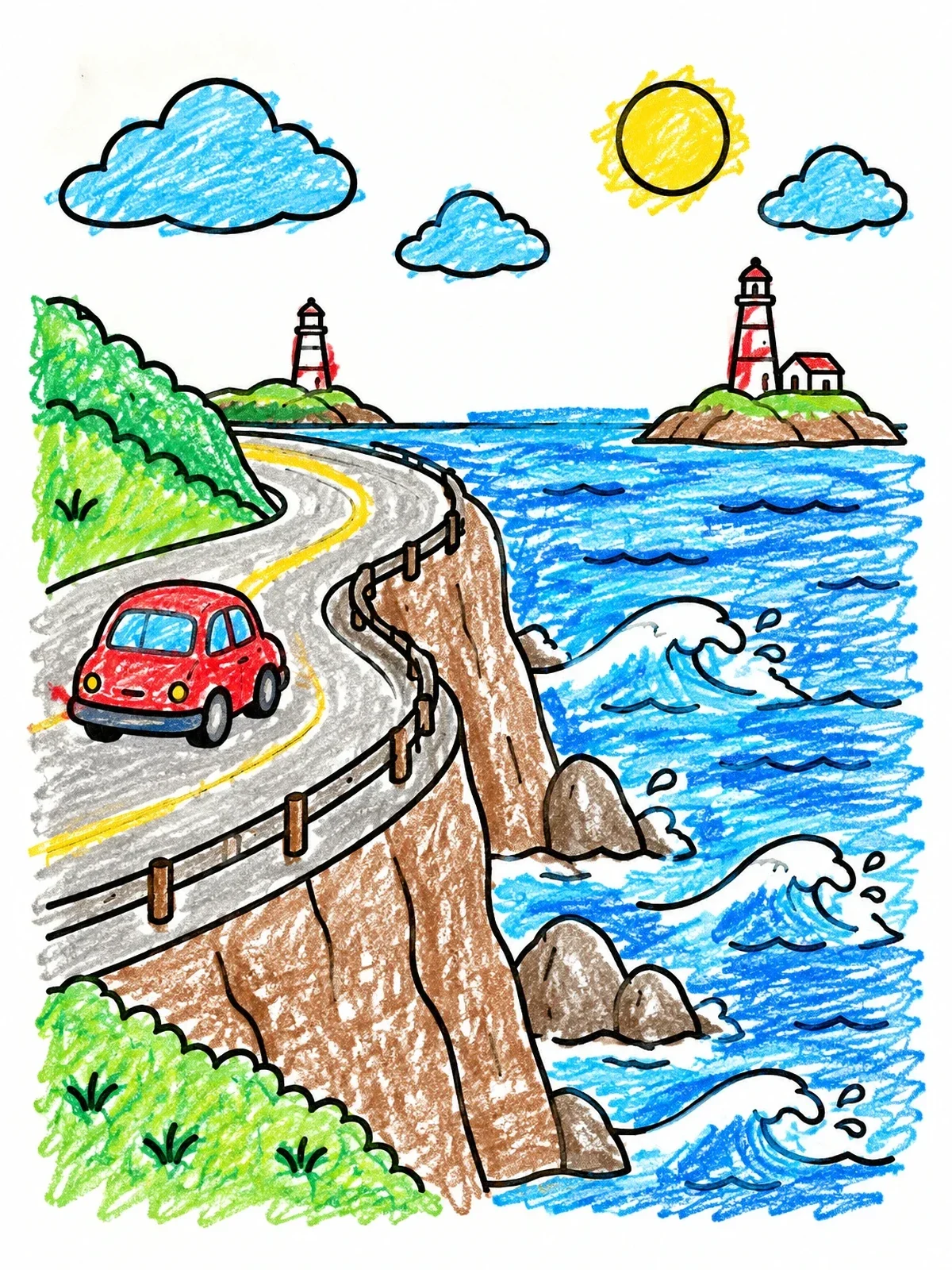 Colored example of the Coastal Road Trip By The Ocean coloring page