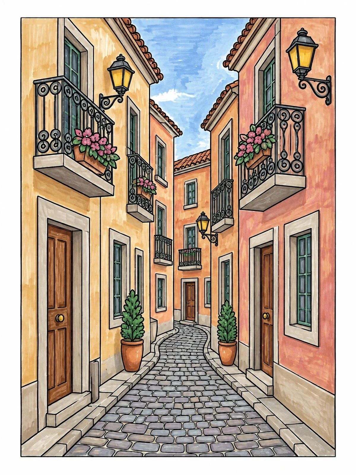 Colored example of the Charming Cobblestone Alleyway With Balconies coloring page