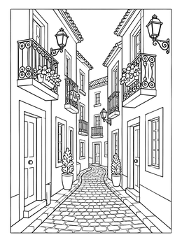 A peaceful cityscape coloring page featuring a narrow cobblestone alley with historic row houses and balconies.