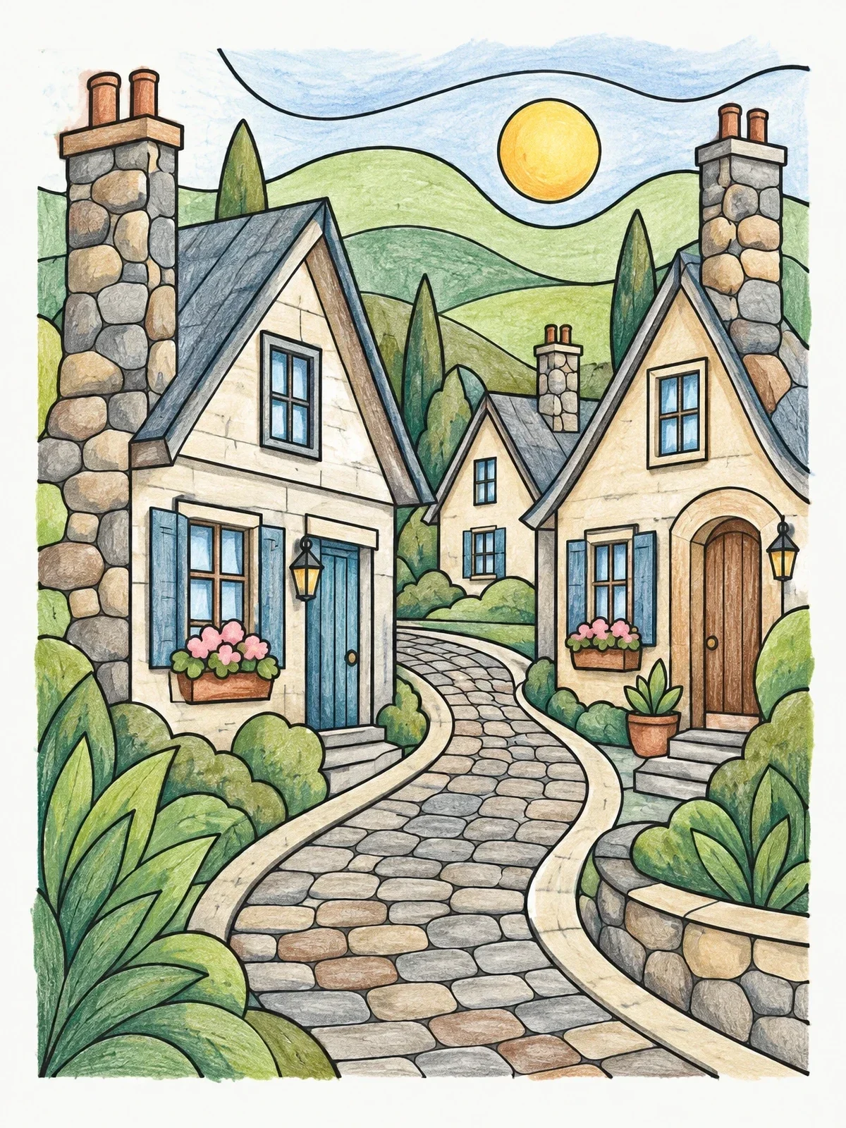 Colored example of the Cobblestone Street With Village Cottages coloring page