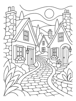 Free printable Cobblestone Street With Village Cottages coloring page