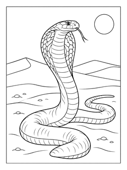 Detailed cobra coloring page showing a hooded snake upright in the sunny desert.
