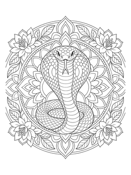 A detailed cobra coloring page framed by symmetrical lotus flowers and leaves.