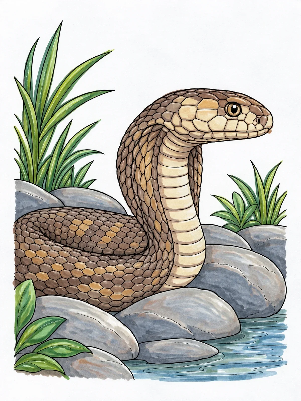 Colored example of the Cobra Resting On River Rocks coloring page
