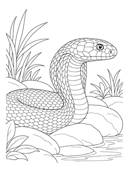 Detailed cobra coloring page showing a serpent coiled calmly on smooth stones by the water.