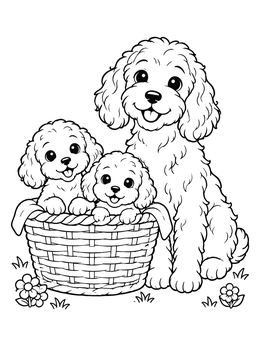 Free printable Cockapoo Family With Puppies In Basket coloring page