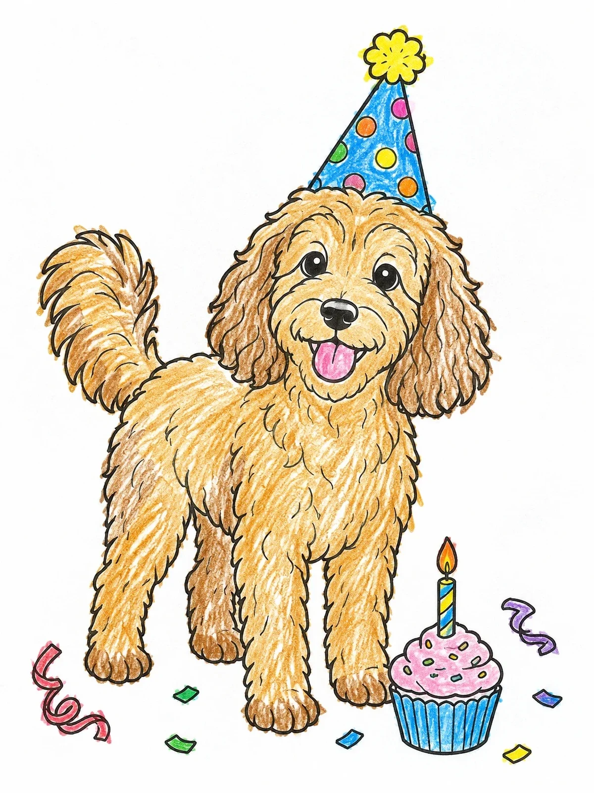 Colored example of the Birthday Cockapoo With Cupcake coloring page