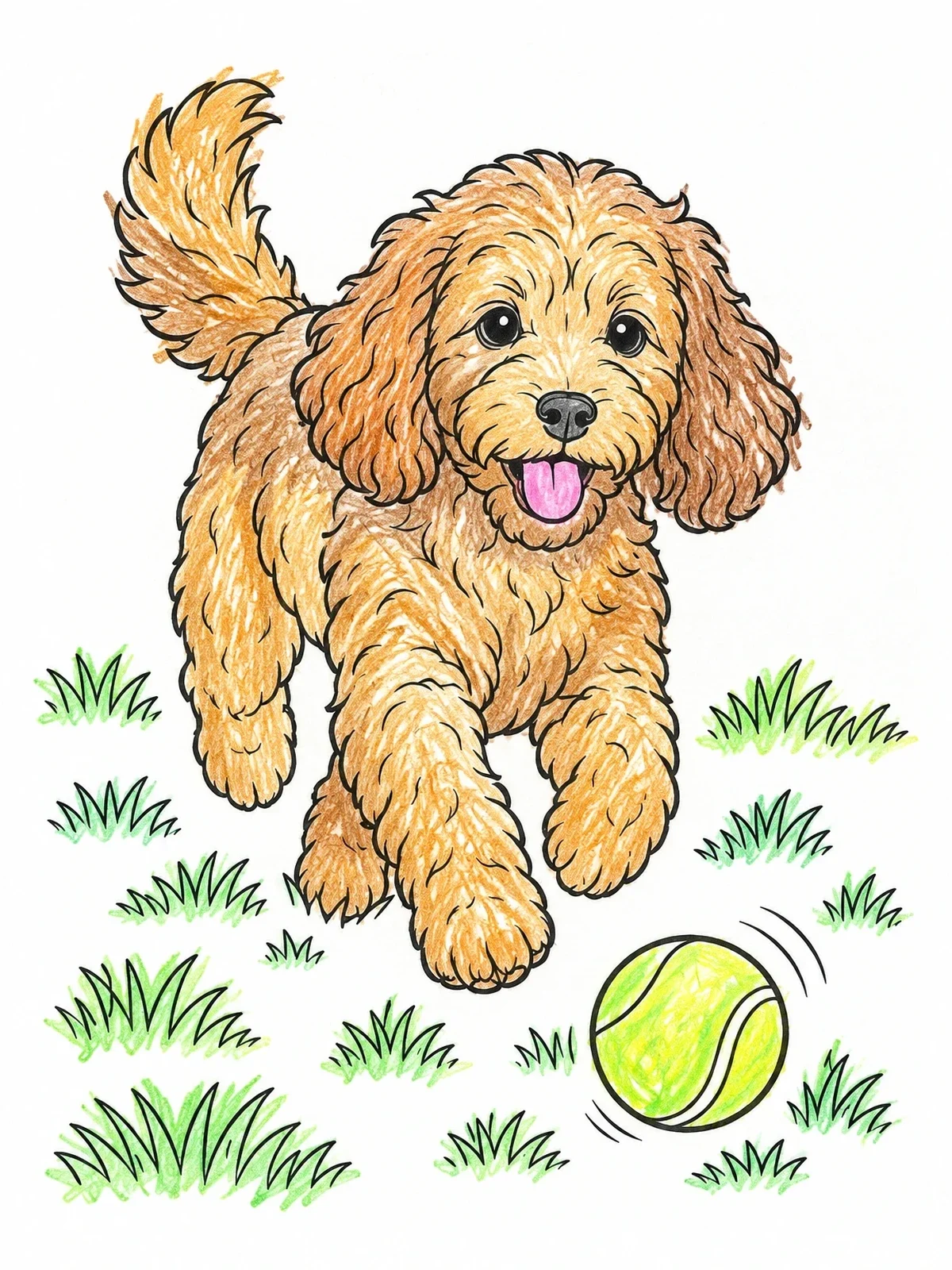 Colored example of the Playful Cockapoo Puppy Chasing Tennis Ball coloring page