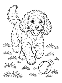 Free printable Playful Cockapoo Puppy Chasing Tennis Ball coloring page