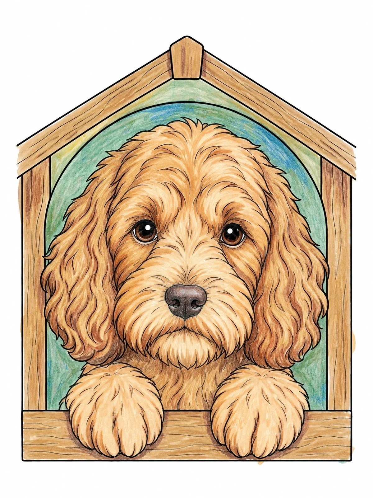 Colored example of the Cockapoo Puppy In A Doghouse coloring page