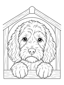 Free printable Cockapoo Puppy In A Doghouse coloring page