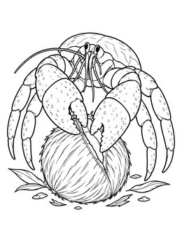A large coconut crab opening a husk on this coconut coloring page.
