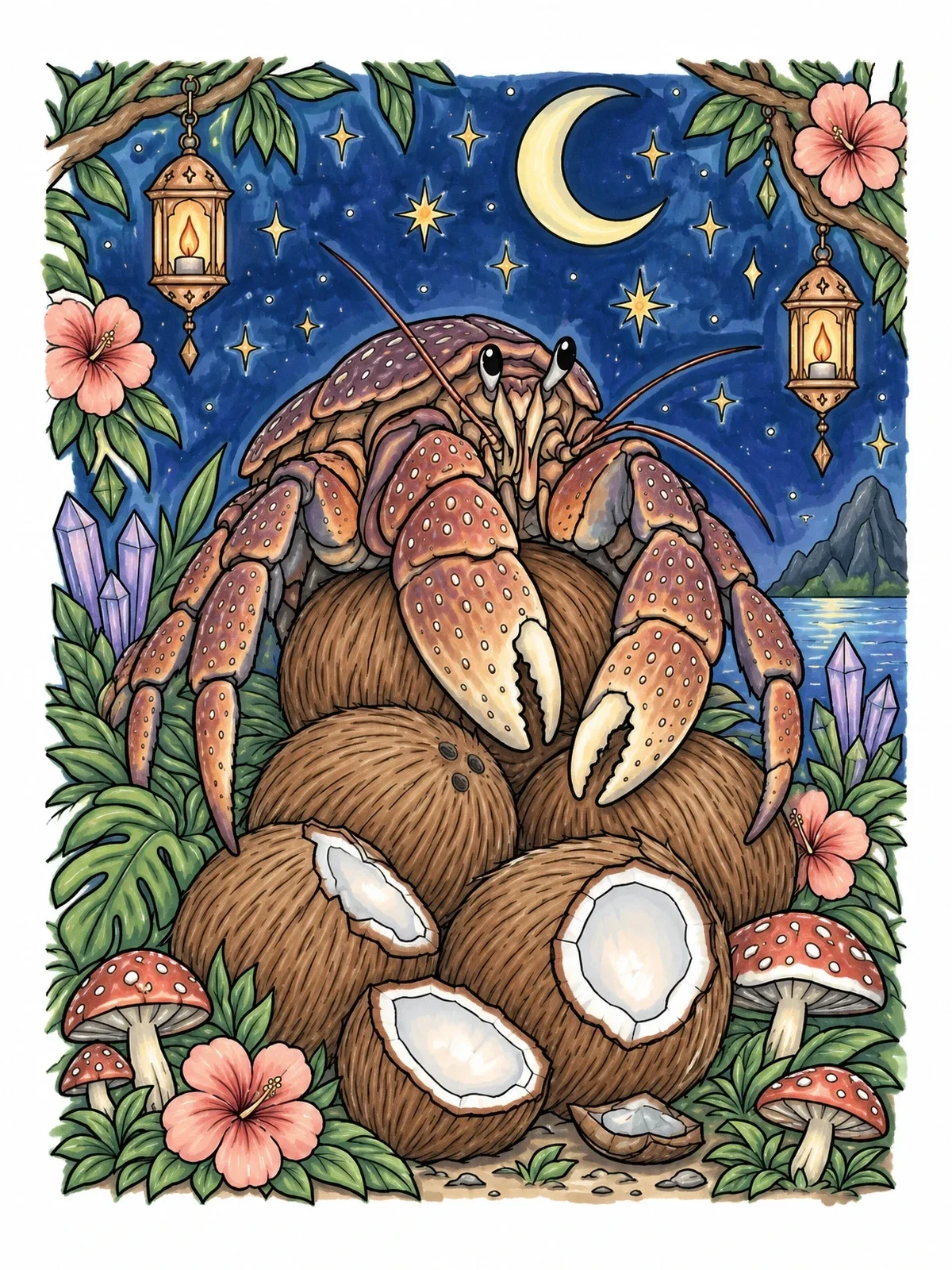 Colored example of the Coconut Crab On Coconuts At Night coloring page