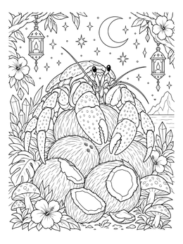 A coconut crab perched on a pile of coconuts under the moon in this coconut coloring page.