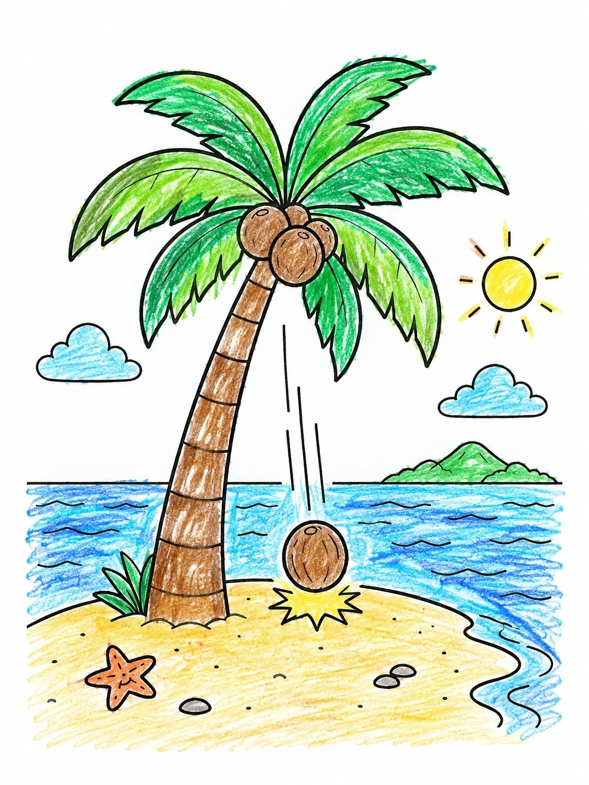 Colored example of the Coconut Falling On Tropical Island coloring page
